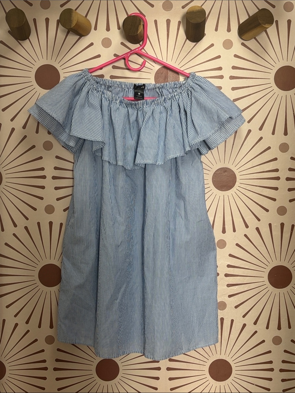 Aqua Blue & White Striped Off-Shoulder Ruffle Mini Dress with Pockets! - XS